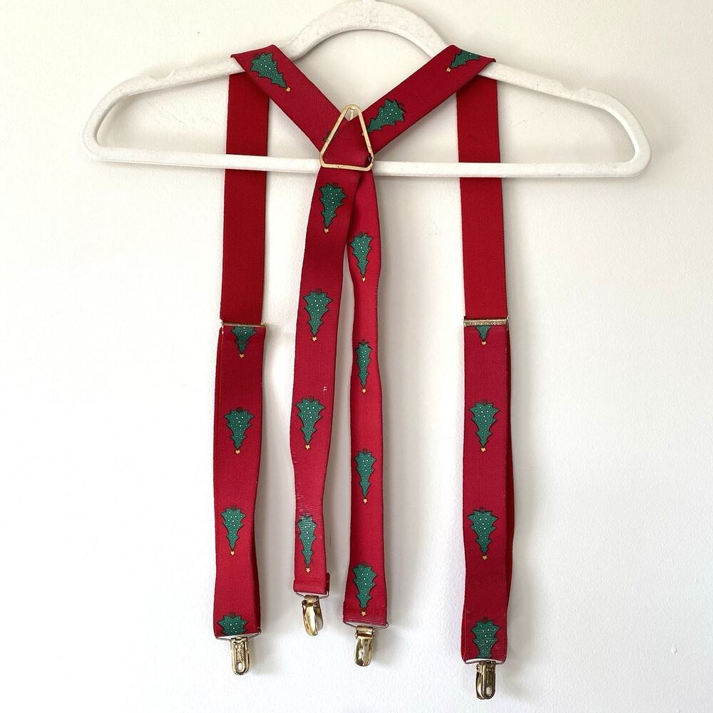 Vintage CAS West Germany Mens Suspenders Elastic Red Christmas Tree